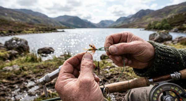 A person preparing a fishing rod as part of an outdoor fishing experience